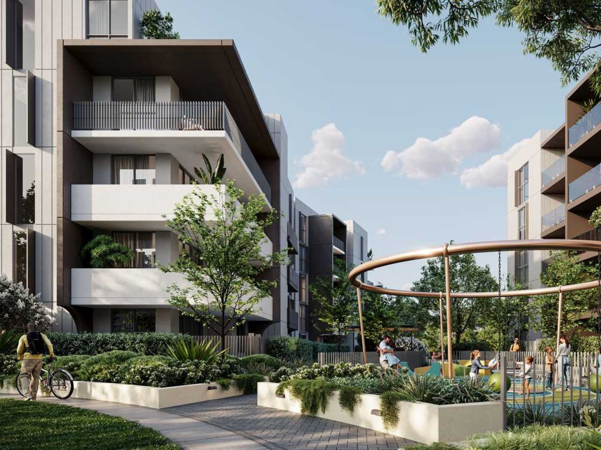 Modern strata development with landscaped gardens and recreational areas